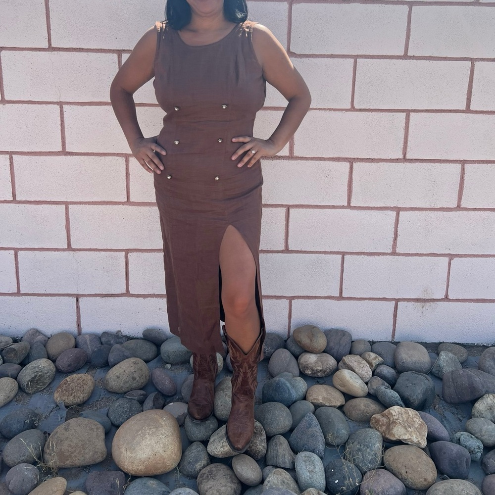 Vintage Brown linen Strapless Sheath Dress for Work
